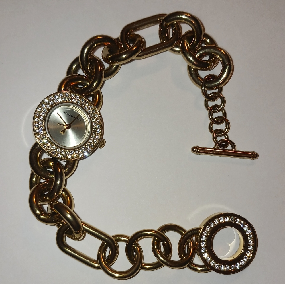 Michael Kors Watch Gold Chain Link Crystal Face MK Bling Watch